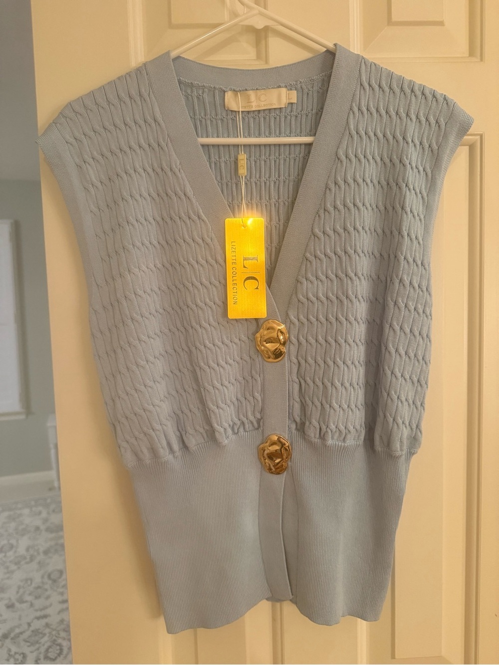 NWT L.C.  Baby Blue Sleeveless Cable Knit Vest- Golden Accent Buttons